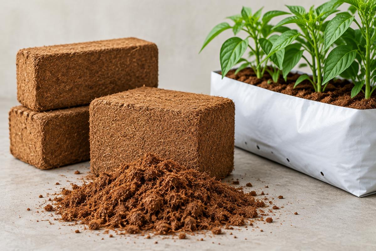Illustrative compressed coir blocks and grow bag